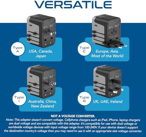 Global Travel Power Adapter – Ceptics 6-in-1 Charger with Dual USB-A & Triple USB-C Ports for Lightning-Fast Charging – Universal Compatibility for USA, EU, UK & AUS Electronics – Ideal for Smartphones, Laptops & Cameras – UP-30 KU-BL for Efficient Multi-Device Charging Solutions