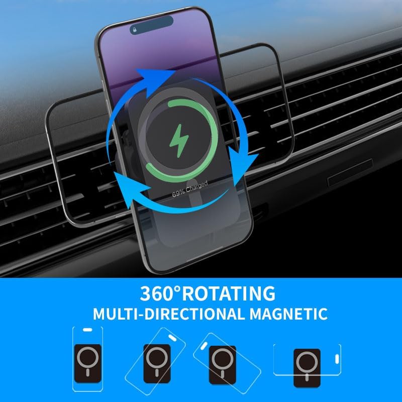 HYDGYC 15 W Fast Wireless Car Charger for i Phone – Mag Safe-Compatible Air Vent Charging Pad with 360° Rotation for Optimal Viewing – Essential Accessory for i Phone 16/15/14/13/12 (Sleek White Design) – Effortless Installation & Secure Hold for On-the-Go Power