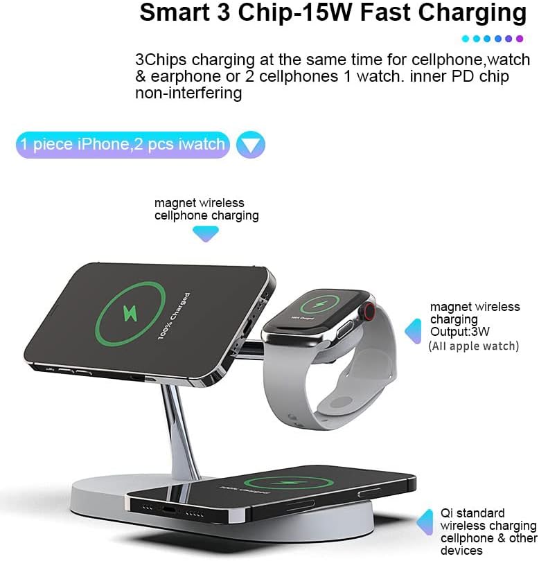 Maximize Your Charging Efficiency with the 5-in-1 Magnetic Wireless Charging Hub – High-Speed 15 W Mag-Safe Dock for i Phone 15/14/13/12, Apple Watch Series 7/SE/6/5/4/3/2, and Air Pods 3/2/Pro – The Ultimate All-in-One Charging Solution for Seamless Device Management and Clutter-Free Workspace