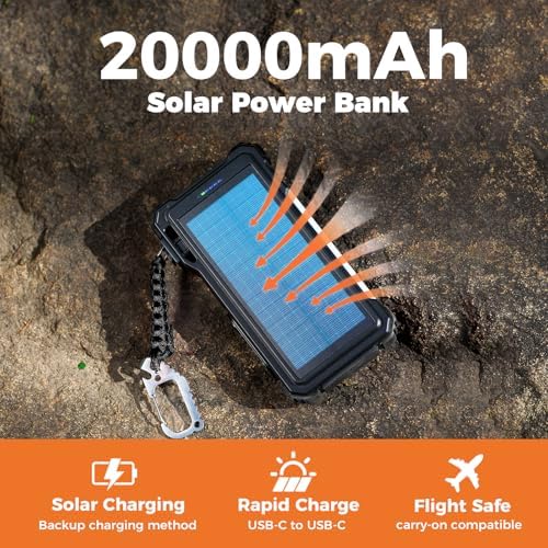 Ultimate BLAVOR 20000 m Ah Solar Power Bank with Fast Charge and Built-In Cables – Ideal Multi-Device Charger for Outdoor Adventures, Camping, and Daily Use – Eco-Friendly USB C Battery Pack Compatible with i Phone 16-11, i Pad, Samsung, and Apple Watch