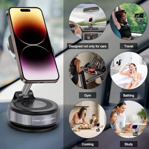 Nano Gel Vacuum Magnetic Suction Phone Holder, Foldable and Retractable Hands-Free Suction Cup Phone Mount for Car/Gym/Mirror/Smooth Surface, Compatible with iPhone and Android (Gel Black) – Enhanced Compatibility and Speed