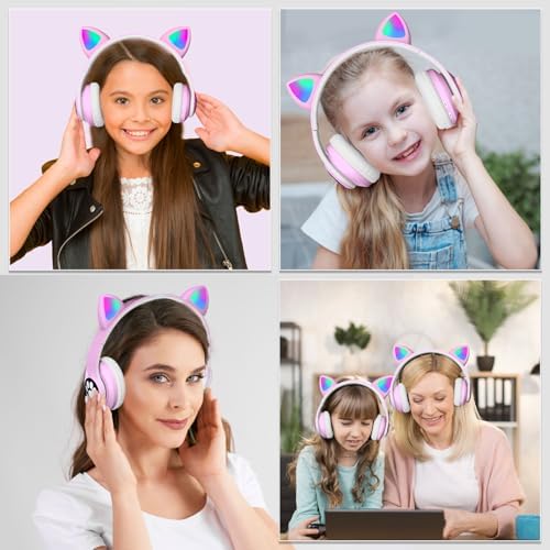Playful Cat Ear Bluetooth Headphones for Kids – Foldable Over-Ear Design with LED Lights, Safe Listening Volume Control, Built-in Microphone, and Multi-Device Connectivity – Ideal for Music, Movies, and Gaming on i Phones, i Pads, Smartphones, and More!