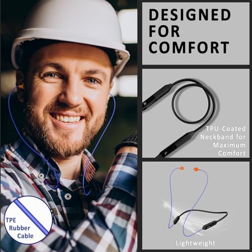 Cuzabe OSHA-Compliant Bluetooth Earplug Headphones – Wireless Neckband Earbuds with 29 d B Noise Isolation, 30-Hour Battery Life, and Custom Fit for Industrial Work Environments