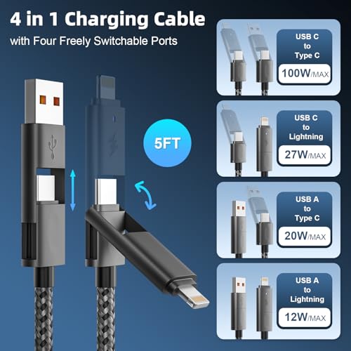 240 W 4-in-1 Braided Charging Cable: Ultimate Fast Charge Solution with E-Mark Chip for i Phone, i Pad, Mac Book & Android Devices (5 FT) – Durable Multi-Connector Cord for Seamless Device Compatibility and Superior Performance