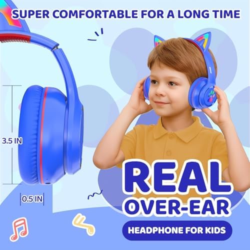 MIDOLA Cat Ear Bluetooth 5.3 Wireless Headphones for Kids – 60-Hour Playtime, Fun LED Illumination, Travel-Friendly Foldable Design with Integrated Microphone – Ideal for Music, Gaming, and Movies on the Move in Stylish Blue