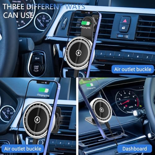 Magnetic Wireless Car Charger with Extended Arm for Unobstructed Airflow – 15 W Fast Charging Phone Holder Mount for Dashboard or Air Vent – Compatible with i Phone & Android Devices – Effortless Navigation and Music Control while Driving