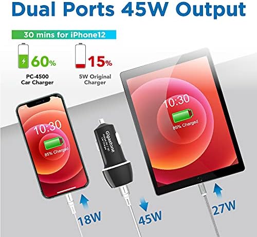 Gigastone USB C Car Charger 45 W Dual Port Fast Charging Adapter – PD3.0 & QC3.0 Compatible with i Phone 15, Galaxy S23, Pixel and More – Ultra-Compact, High-Speed Charging Solution for On-the-Go Convenience