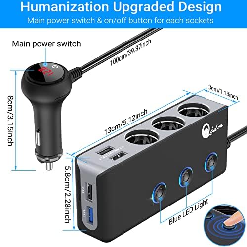 Revolutionize Your Road Trips with the Qidoe Quick Charge 3.0 Cigarette Lighter Splitter – 3-Socket Power Hub with 4 High-Speed USB Ports and LED Battery Voltage Display, Designed for 12 V/24 V Vehicles with Energy-Saving Controls for Ultimate Device Efficiency and Compatibility