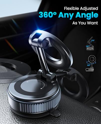 Mag Safe-Compatible Magnetic Suction Cup Phone Mount – 360° Adjustable Car Holder for i Phone 16 Pro Max, 15, 14, 13, 12 Plus – Portable, Foldable Design with Strong Magnetic Grip for Safe Driving and Easy Navigation