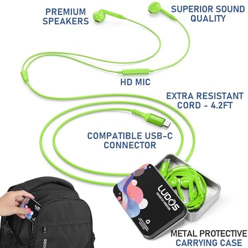 LUDOS FEROX USB-C Earbuds – Premium Wired Headphones for i Phone 16 & Samsung Galaxy Series, Featuring Exceptional Audio Clarity & Deep Bass, Ergonomically Designed for All-Day Comfort, Tangle-Free Cable for Streamlined Use, Supported by an Impressive 5-Year Warranty, Eye-Catching Vibrant Green Finish – Elevate Your Sound Experience for Music Lovers and Gamers Alike