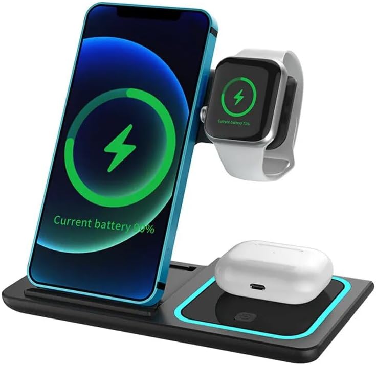 Ultimate 3-in-1 Foldable Wireless Charging Dock for Apple Devices with Built-In LED Night Light – Fast, Compact, and Stylish Charger for i Phone, Apple Watch, and Air Pods – Perfect for Home and Travel – Sleek White Finish for Modern Aesthetics and Organized Spaces