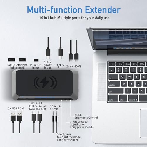 Revolutionize Your Work Setup with the 16-in-1 USB-C Hub Docking Station – Ultimate Connectivity Hub Featuring Dual 4 K HDMI, Rapid USB 3.0 Data Transfer, and Effortless Wireless Charging for Laptops and Tablets!