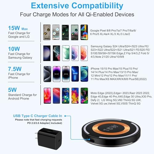 Samsung S25 S24 Ultra Magnetic Charger – 15 W Fast Mag Safe Wireless Charging Pad with USB-C Block for Seamless Compatibility with Galaxy Z Flip7, Fold7, S25, S24 FE, S23, S22, i Phone 16, 15, Pixel 9, 8, 7 – Elevate Your Charging Experience with Effortless Style and Speed