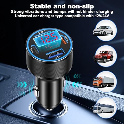High-Power 65 W USB C Car Charger with 4 Fast Charging Ports, PD30 W Capability, Digital Voltage Display & 2 USB Cables – Ultimate Compatibility for i Phone 16/15/14/13, Samsung Galaxy S25/S24/S23, i Pads & More – Efficient On-the-Go Charging Solution