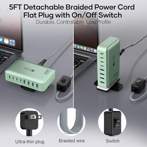 Transform Your Charging Routine with the 200 W 8-Port Fast Charging Hub – Multi-Device USB Station Featuring 65 W Laptop Adapter, Space-Saving Flat Plug, Durable Braided Cable, and User-Friendly On/Off Power Control for Optimal Performance and Safety