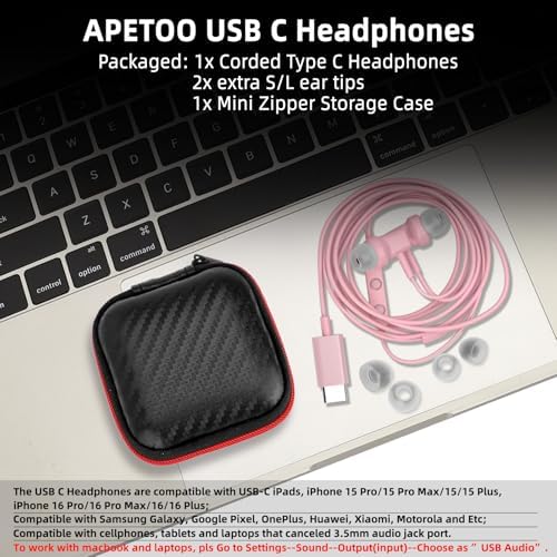 APETOO USB C Wired Earbuds: Unmatched Sound Quality and Noise Isolation for Samsung Galaxy S25/S24/S23 & i Phone 16 – Ergonomic In-Ear Design for Ultimate Comfort and Broad Device Compatibility – Fast USB C Connectivity for Effortless Music Enjoyment and Immersive Listening Experience