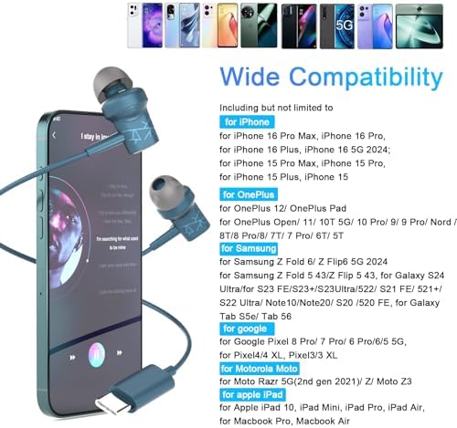 Lake Blue USB C Earbuds – Noise Cancelling Wired Headphones with Magnetic Storage & In-Line Microphone for i Phone 16, Galaxy S25, Pixel 8 – Premium Audio Experience for Music Enthusiasts & On-the-Go Professionals