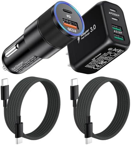 38 W Dual Port Fast Car Charger for i Phone 16 & 15 – Includes 2 Braided 6 ft USB-C Cables & 40 W Wall Adapter – Quick Charge 3.0 Cigarette Lighter Adapter for i Pad, Samsung & Tablets – Ultimate On-the-Go Charging Solution
