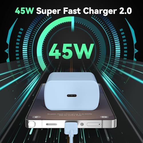 45 W Super Fast USB-C Charger with 6.6 ft Cable – Ultra-Fast Charging Adapter for Samsung Galaxy S24/S23/S22/S21/Note 20 – Stylish Deep Purple & Blue Design for Enhanced Device Performance and Safety