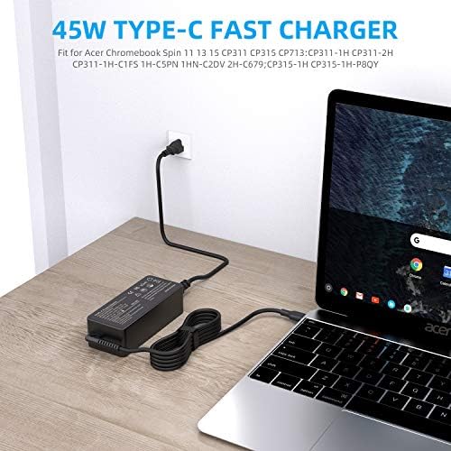 High-Speed 45 W USB-C Laptop Charger for HP Chromebook Series – Universal Compatibility with Fast Charging for Elite X2 & Spectre x360 – Safe, Reliable Power Adapter with 12-Month Warranty and Support