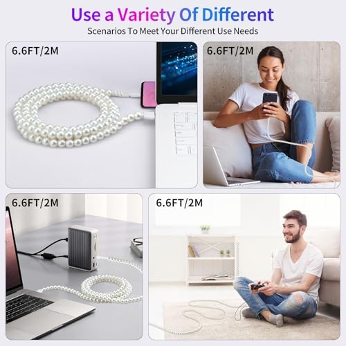 Aolcev USB C Cable 66W Fast USB A to USB C Charging Cable Long 6.6FT/2M Cute Beaded USB Type C Charger Cord Pearl Phone Charger for iPhone 16 Pro 15 Pro Max/Pro/Plus Galaxy S25/S24 iPad White – Enhanced Compatibility and Speed