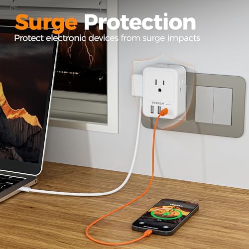 TESSAN Surge Protector Wall Outlet Extender with 3 AC Ports & 3 USB Charging Blocks (Including USB-C) – Multi Plug Wall Charger for Enhanced Device Connectivity in Home, Office, Dorm & School – Fast Charging & Compact Design for Ultimate Convenience