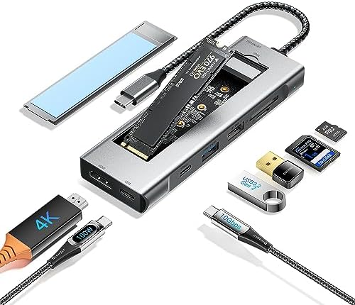 ESSAGER 8-in-1 USB C Hub with M.2 NVMe/SATA SSD Enclosure – 10 Gbps Data Transfer, 4 K HDMI 1.4 Output, PD100 W Fast Charging, Aluminum Alloy Design for Mac mini M1, M2, M3, M4 – Premium Performance and Versatile Connectivity Solution