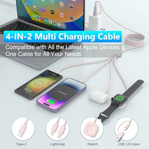 Universal 4-in-2 Travel Charging Cable – 6 FT Versatile Connector for Apple Watch, i Phone, Android Devices, i Pad & Air Pods – Stylish Pink Design for Effortless Portability – Fast Charging & Enhanced Compatibility for All Your Tech Needs – Essential Travel Accessory for Modern Device Users