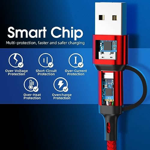 Versatile 6 in 1 Multi Charging Cable [3 Pack, 4 FT] – Durable Nylon Braided Fast Charging Cord for USB A/C, Micro USB, and Lightning Devices – Universal Phone Charger for Home, Office, and Travel – Enhanced Compatibility for All Smartphones and Tablets