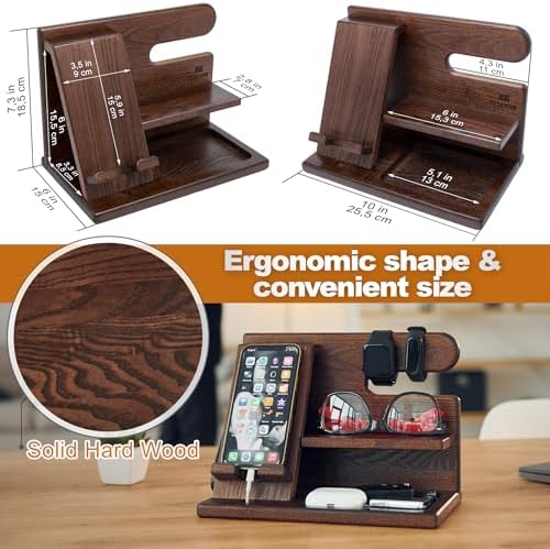 TESLYAR Wood Phone Docking Station for Men – Desktop or Nightstand Organizer – Birthday Gifts for Men, Dad – Anniversary Idea from Wife – Key Holder, Stand Wallet, Watch & Essentials (Antique Brown) – Enhanced Compatibility and Speed