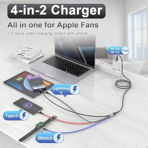 Universal 4-in-2 Travel Charging Cable – 6 FT Versatile Connector for Apple Watch, i Phone, Android Devices, i Pad & Air Pods – Stylish Pink Design for Effortless Portability – Fast Charging & Enhanced Compatibility for All Your Tech Needs – Essential Travel Accessory for Modern Device Users