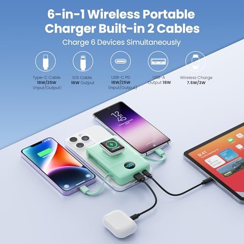 Ultimate 6-in-1 Magnetic Portable Charger, 10800 m Ah Power Bank for i Phone – Features Integrated Cables, Wireless Charging for Apple Watch, Smart LCD Display, and 25 W PD Fast Charging – Perfect Travel Accessory for All Devices with Enhanced Safety Features and Compatibility for i Phone 12 to 16 Series