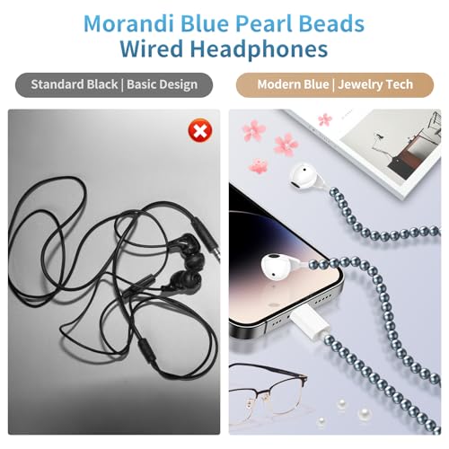 Hian Dier Chic Pearl Necklace Earbuds for i Phone – Stylish Muted Blue Wired Headphones with Crystal-Clear HD Voice Mic and Magnetic Storage – Fashion-Forward Audio Accessory for Women Compatible with i Phone Models 14/13/12/11/XR/XS/X/8/7 – Elevate Your Listening Experience with Fashion and Functionality