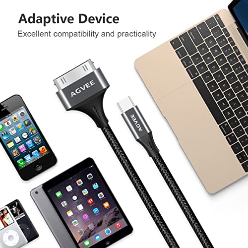 AGVEE 6 ft USB-C to 30 Pin Adapter Cable – Dual Pack for i Phone 4/4 S, i Pad 1/2/3, i Pod | Braided Metal Shell, Reliable Charging & Fast Data Transfer | Durable and Tangle-Free Connectivity Solution for Vintage Apple Devices