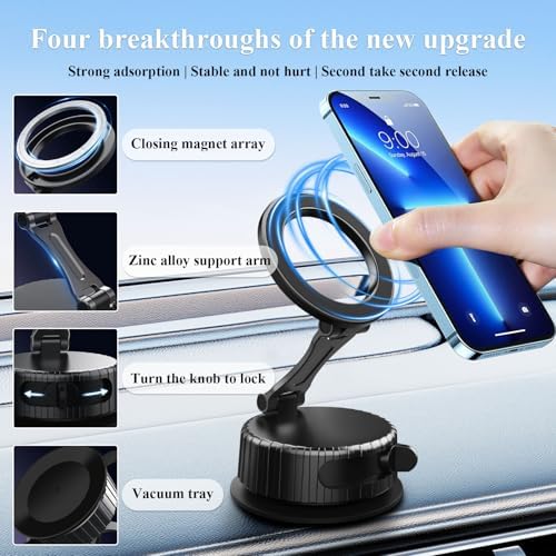 Upgraded Adjustable Vacuum Magnetic Suction Cup Car Phone Holder, Vacuum Magnetic Phone Holder for Car, Hands-Free Suction Cup Phone Mount, Magnetic Phone Mount Suitable for iPhone 16/15/14/13/12 – Enhanced Compatibility and Speed