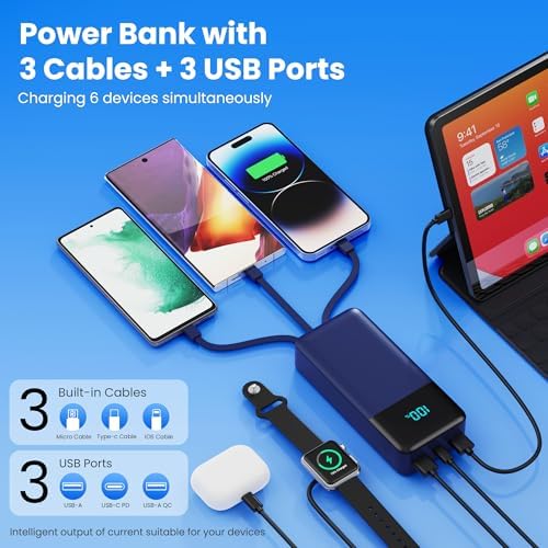 High-Capacity 50800 m Ah Portable Power Bank with 3 Built-In Cables, 25 W PD & QC4.0 Fast Charging – Universal Charging Solution for i Phone 16/15/14/13, Android Devices & More – Smart LCD Display, 6 Outputs & 2 Inputs, Enhanced Safety Features for On-the-Go Power Needs