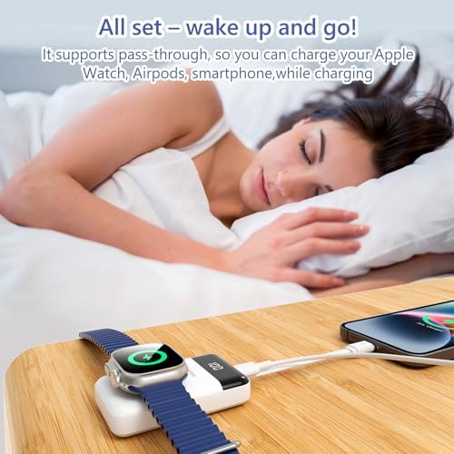 Compact 3000 m Ah Wireless Magnetic Charger for Apple Watch & i Phone – Fast Charging Power Bank with Built-in USB-C Cable, Perfect Travel Gift for SE/Ultra/1-9 Series & i Phone 15/16, Sleek White Design for Effortless Power On-the-Go