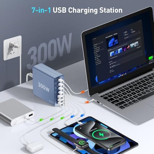 Power Up Efficiently: 300 W 7-Port USB-C Fast Charger Station – Dual PPS PD 100 W Laptop Power Adapter for Multi-Device Charging – Compact & Reliable Wall Hub in Blue – Perfect for Home & Office Use