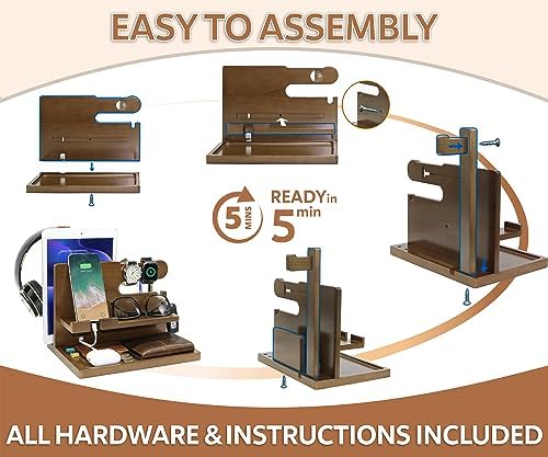 Wooden Phone Docking Station for Men – Nightstand Organizer with Key Holder, Wallet Stand, Watch Organizer and Headphone Holder – Anniversary Birthday Mens Gifts Idea for Dad Husband Boyfriend Uncle – Enhanced Compatibility and Speed