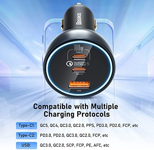 160 W Baseus USB-C Car Charger – Triple-Port Fast Charging Adapter with QC5.0, PD3.0 & PPS for i Phone 15/14/13 Pro, Samsung S22, i Pad & Mac Book Pro – Ultimate Compatibility & Efficiency for Road Trips and Daily Commutes