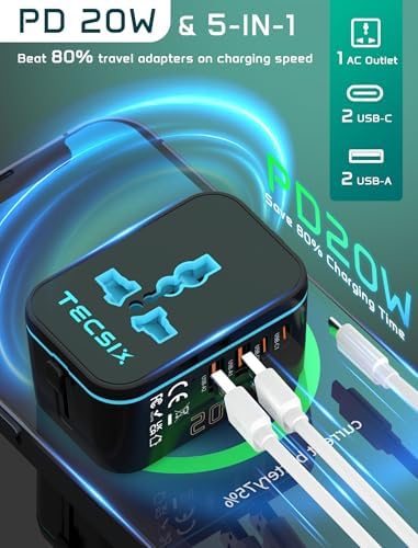 Global Travel Power Adapter with Dual USB-C & USB-A Ports – Compact 240 V AC Charger for International Use in EU, US, UK, AUS – Fast Charging Solution for Modern Travelers – Sleek, Lightweight Design (Black/Blue)