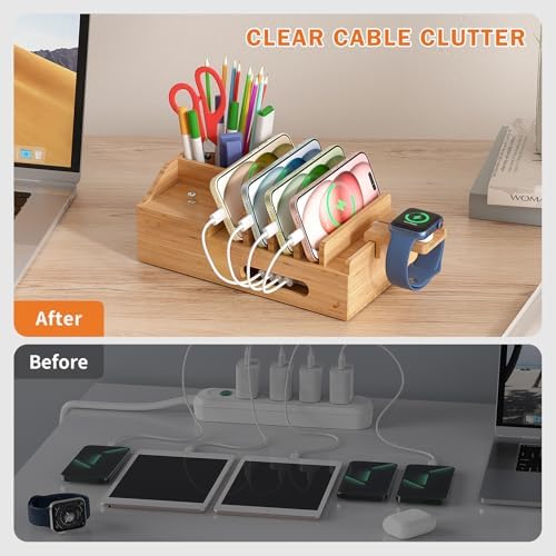 Sleek Bamboo Multi-Device Charging Station with 5 USB Ports, Integrated Smart Watch Stand & 5 Charging Cables – Ultimate Desktop Organizer for Cell Phones, Tablets & Smartwatches – Eco-Friendly Design for Fast Charging & Clutter-Free Spaces
