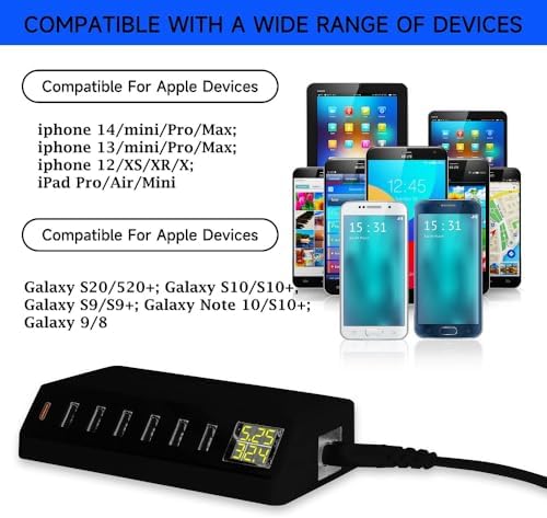 High-Power 7-Port USB Charging Hub with LED Display – 60 W/12 A Multi-Device Power Station for i Phone 14/13/12, Galaxy Tablets, Pixel, Headphones & More (Sleek Black) – Efficient PD20 W Rapid Charging Solution for Home & Office Use