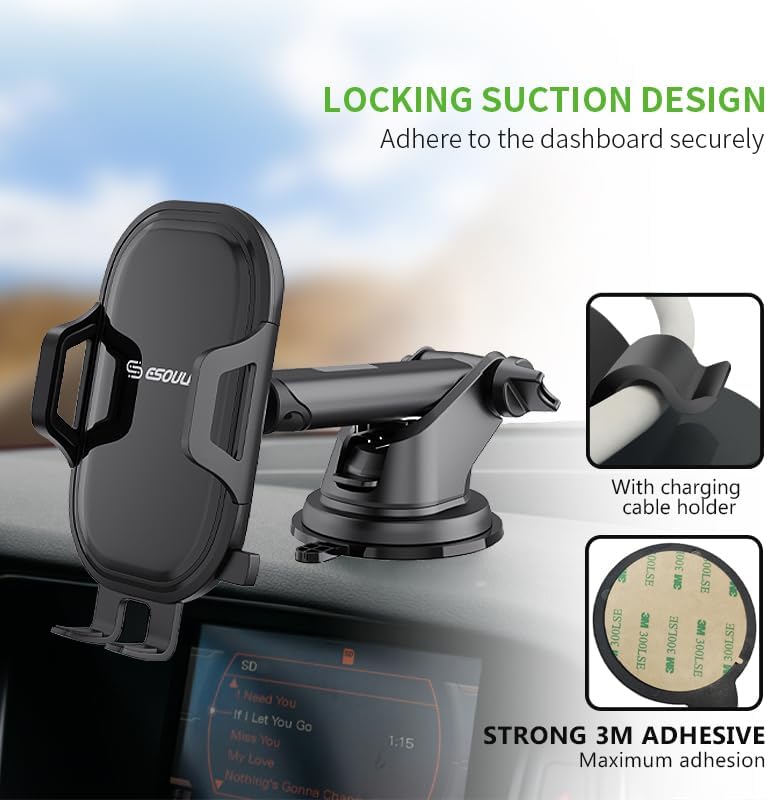 Esoulk Secure Grip 360° Rotating Car Phone Holder with Strong Suction Cup & Adjustable Long Arm – Universal Compatibility for i Phone, Samsung, Android & GPS – Enhanced Safety & Convenience for Drivers