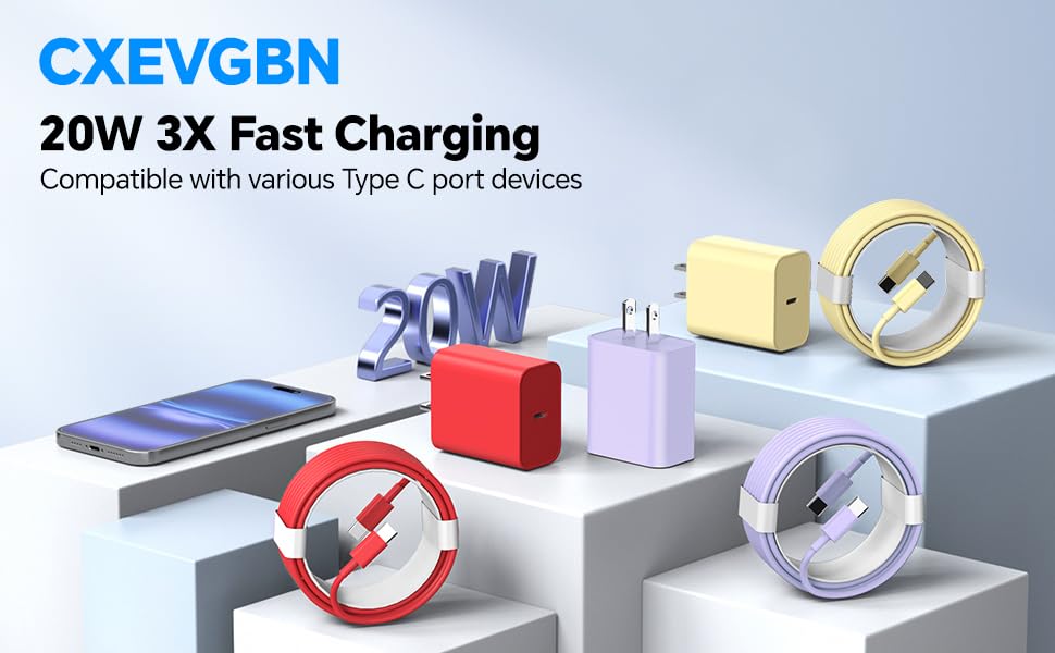 Ultra-Fast 60 W USB-C Charger Set – 3-Pack with 10 FT Charging Cables for i Phone 15/16 Pro/Max/Plus, i Pad Air/Pro, Samsung Devices – High-Speed Charging in Vibrant Red, Purple, Green – Maximum Compatibility & Convenience for On-the-Go Power Solutions