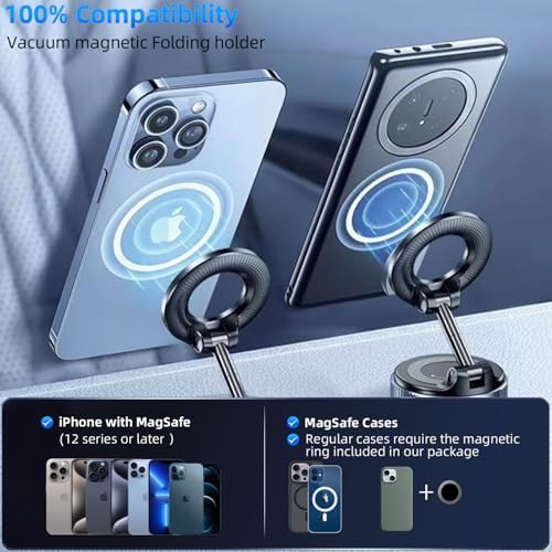 Magnetic Car Phone Holder for MagSafe,89+ LBS Vacuum Suction Phone Mount,360° Adjustable Car Phone Mount,Cell Phone Holders for Your Car for All Smartphones & All Car Models – Enhanced Compatibility and Speed