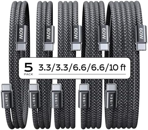 LISEN USB C to USB C Cable 5-Pack – Premium Fast Charging Solution with 60 W Power Delivery, Versatile Lengths (3.3 FT, 6.6 FT, 10 FT) for i Phone 16, i Pad Mini 6/Pro, Mac Book Pro 2020 & Samsung S23 – Durable, High-Speed Connectivity for All Your Devices