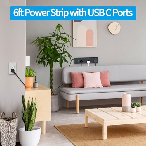 Jumpso European Travel Plug Adapter with Individual Switch – 6 ft Universal Power Strip with 5 AC Outlets and 6 USB Ports (4 USB-C) – Maximum 3000 W Surge Protector for Safe and Efficient Charging in Office and Travel Environments – Compact, Versatile, and Energy-Saving Solution for All Your Devices