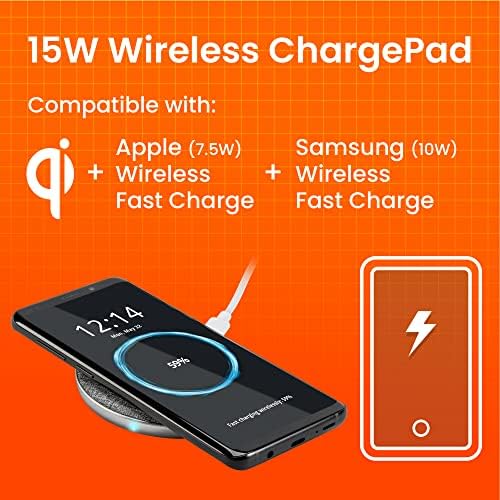 Ventev 10 W Qi Wireless Charging Pad – Ultra-Fast Charging for i Phone 16/16 Pro Max, i Phone 15/15 Pro Max, Air Pods, Samsung Galaxy & Note 20 | Qi Certified with 5 ft USB A to USB C Cable & Fast Wall Charger | Sleek Gray Design for Home, Office & Travel