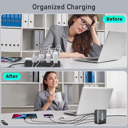 Ultimate 220 W USB Charging Hub – 6-Port Fast Charging Station with 4 PD USB-C and 2 QC USB-A for Universal Device Compatibility – Streamlined Charging Solution for Phones, Laptops, Tablets, and More – Ideal for Home, Office, or Travel